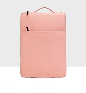 Pink laptop sleeve with top handle and front zipper pocket shown from a front view