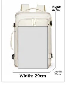 Detailed view of the cream travel backpack with size markings showing 42cm height and 29cm width