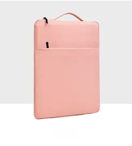Pink portable laptop sleeve with side pocket and carry handle in a side profile view