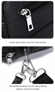 Detail der schwarzen PU-Leder-Brusttasche mit glattem silbernem Reißverschluss und Haken