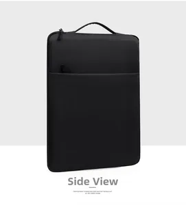 Side view of sleek black laptop sleeve with reinforced handle and premium fabric texture