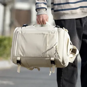 Large travel backpack with shoe compartment in beige water-resistant fabric for outdoor use