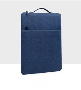 Deep blue laptop bag detail showing thickened handle and durable matte polyester fabric