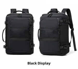 Detail of multi-compartment black business backpack with mesh layer and side buckles