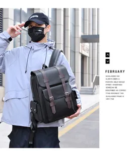 Outdoor shot of a vintage black PU leather business backpack with brown strap accents