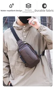 Detail of waterproof brown leather chest bag with security lock and USB port for men