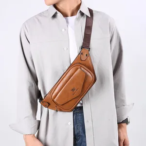 Brown leather men's crossbody bag featuring adjustable strap and front pocket display