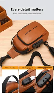 Brown PU leather chest bag detail showing USB port, security lock, and wide handle