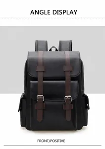 Front view of black PU leather backpack featuring brown decorative straps and silver buckles