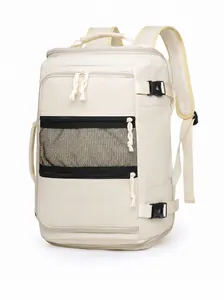Side view of beige large capacity travel backpack with breathable mesh and buckle straps