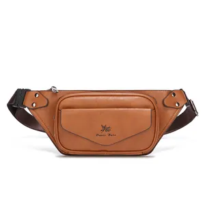 Vintage brown leather waist bag with adjustable strap and multiple zip compartments for men