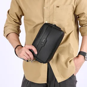 Herren Clutch aus schwarzem Leder mit Litschi-Muster, HCDS-Logo und Handschlaufe Business