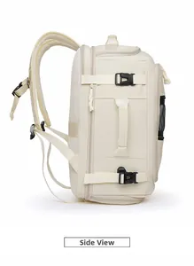 Side view of beige travel backpack featuring mesh pockets and reinforced side handles