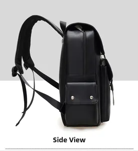 Side view of black faux leather business backpack with pebbled texture and side pocket