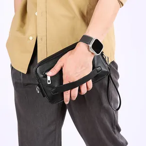 Herren Clutch aus schwarzem Leder mit Litschi-Muster und Handschlaufe für Business-Casual