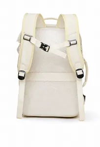 Detail of ergonomic breathable mesh back and padded shoulder straps on a beige backpack