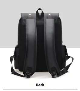 Detail of the black leather backpack rear featuring breathable mesh and padded shoulder straps