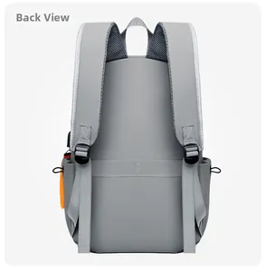Breathable mesh shoulder straps and luggage strap detail on gray backpack back