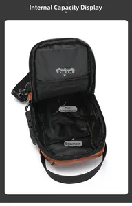 Interior layout of brown leather chest bag showing compartments and nylon lining