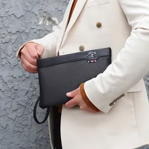 Men's black leather clutch with lychee texture, silver logo, and wrist strap detail