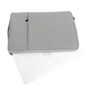 Light gray laptop sleeve with carry handle and zipper pocket for MacBook Pro and iPad
