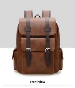 Front view of a retro dark brown leather backpack showing flap design and silver buckles