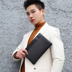 Classic black leather business clutch for men with kangaroo logo and stripe detail
