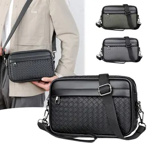 Borsa a Tracolla da Uomo in Pelle PU Intrecciata Minimalista Urbana Grande Capacità Impermeabile Quotidiana a Mano
