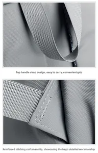 Detail of high-density gray nylon webbing handle and reinforced stitching on the backpack