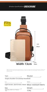 Detailed technical view of brown chest bag with size dimensions and USB charging port