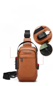 Detail view of anti-theft lock, USB charging port, and earphone hole on men's brown chest bag
