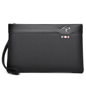 Mens black leather business clutch bag with kangaroo logo and tricolor wrist strap