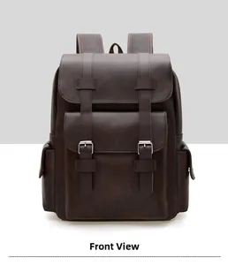 Front view of dark brown PU leather backpack with vintage buckles and flap pocket
