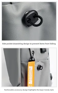 Detail of grey oxford backpack with drawstring side pocket and orange letter ribbon strap
