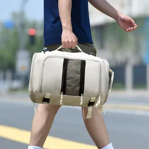 Light beige large capacity travel backpack with black stripes in outdoor street scene