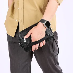 Pochette da uomo in pelle PU nera con motivo litchi, cinturino da polso e cerniera in metallo