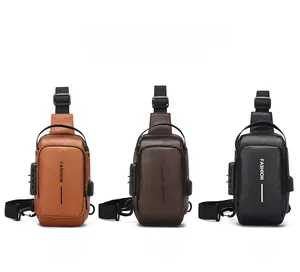 Mens sling bags in brown and black with USB port and secure combination lock