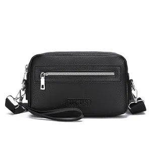 Heren premium zwarte lederen crossbody tas met zilveren hardware en HCDS reliëf logo tag
