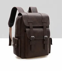 Side view of dark brown vintage faux leather business backpack with buckle details