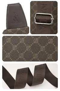 Detail view of leather logo patch, textured fabric, and metallic buckle on brown chest bag