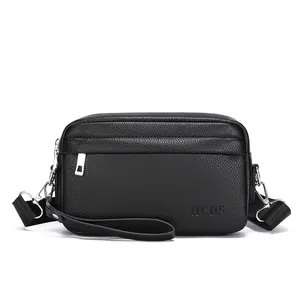 Borsa a tracolla classica da uomo in pelle PU nera con texture litchi e zip