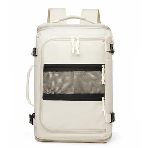 Large capacity waterproof business backpack with multi-layer compartments in beige nylon