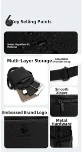 Detail view of black PU leather messenger bag with multiple layers and smooth zipper