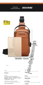 Brown PU leather crossbody chest bag shown with iPad mini for size comparison