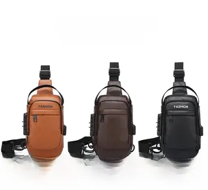 Detailed view of waterproof sling bags in black and brown with USB port and lock