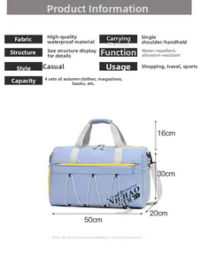 Waterproof travel duffel bag size chart showing 50cm length and durable fabric texture