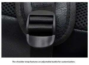 Detail of adjustable shoulder strap with durable plastic buckle and breathable mesh fabric