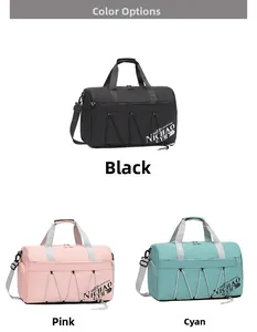 Three-color travel bag collection in black, pink and cyan with waterproof fabric texture