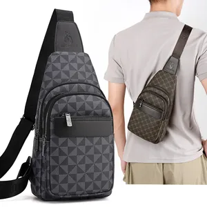 Men Fashion PU Leather Chest Bag Waterproof Geometric Monogram Print Crossbody Sling Bag Multi Layer Casual Shoulder Bag For Men