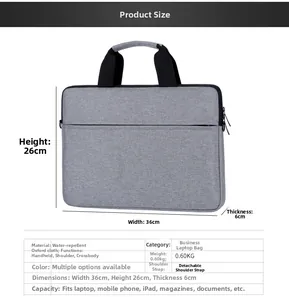 Detailed size chart of the water-resistant laptop bag showing 36x26x6cm dimensions